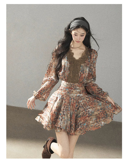 AOMALM - “Whispers of Withered Branches” Rich Cocoa French Lace Chiffon Mini Dress with Tights
