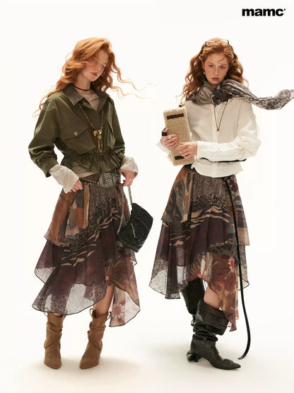 MAMC - Brown Y2K Layered Floral Ruffle Midi Skirt