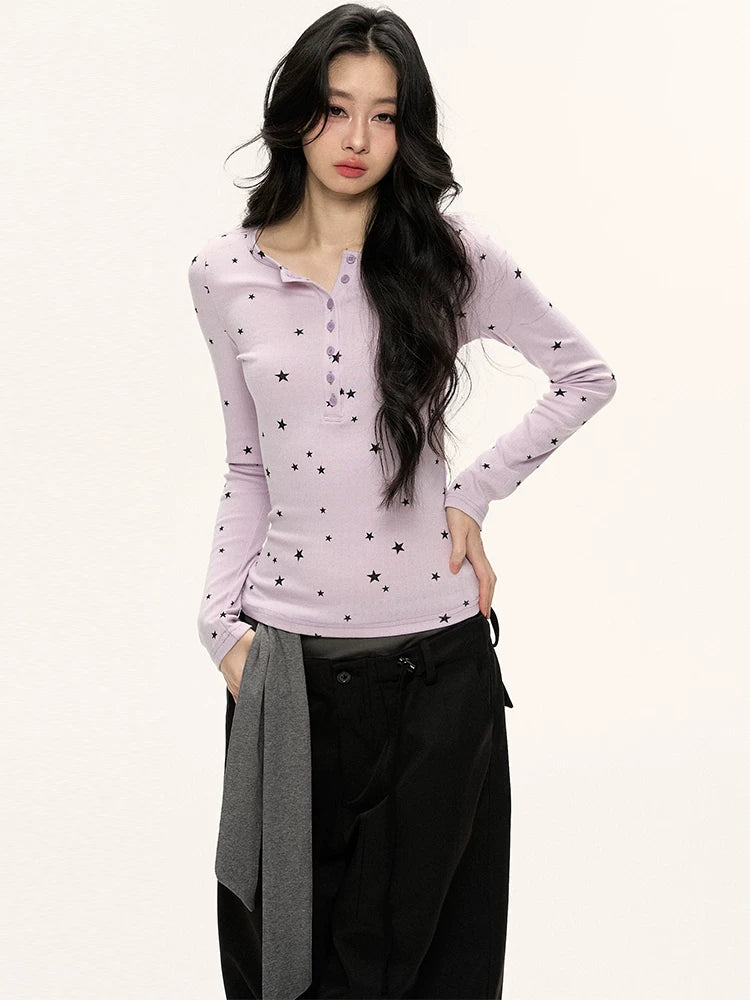 JN's DESIGN - Star Print Fitted Henley Long-Sleeve Top (White / Taro Pink-Purple)