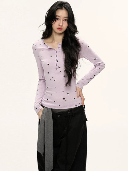 JN's DESIGN - Star Print Fitted Henley Long-Sleeve Top (White / Taro Pink-Purple)