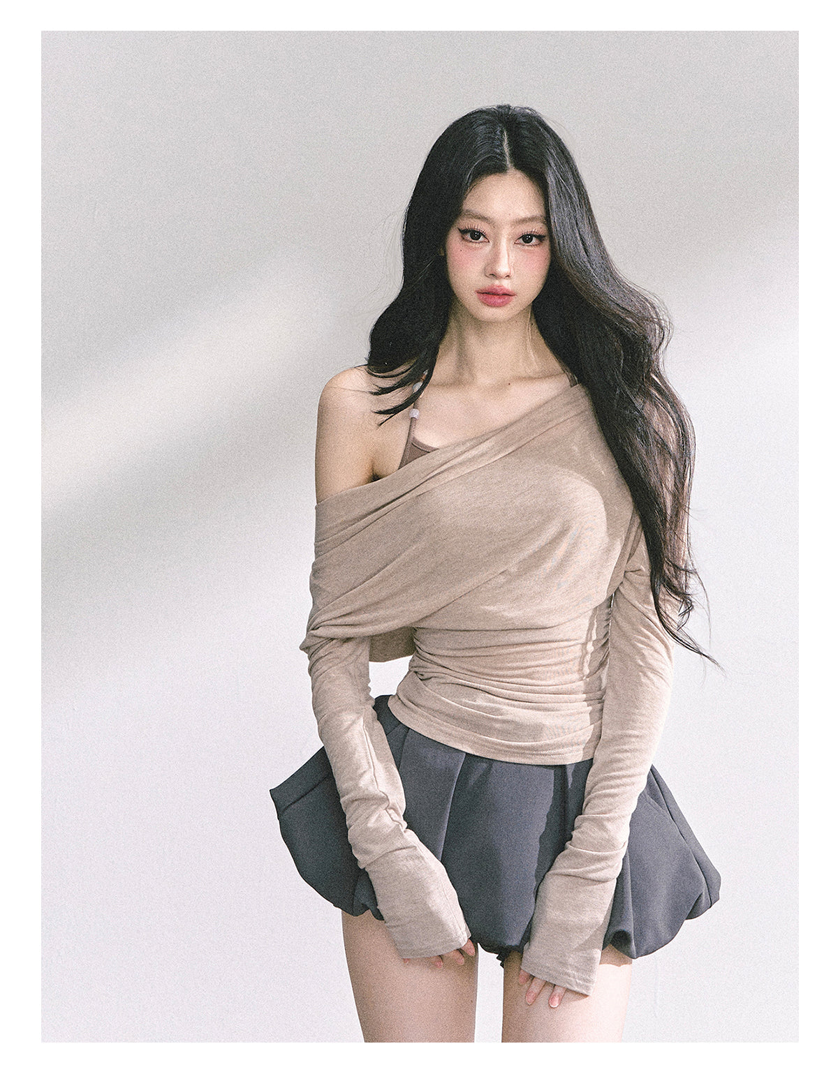 少也眼 "Soft Whisper" Korean Asymmetric Dual-Layer Off-Shoulder Top - Khaki