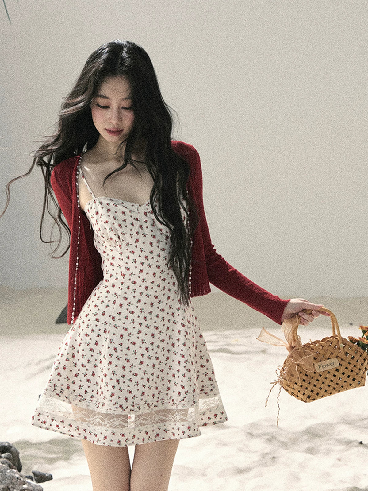 "Blooming Rose Reverie" Cloud White Floral Lace Mini Dress & Burgundy Wine Cardigan 56483