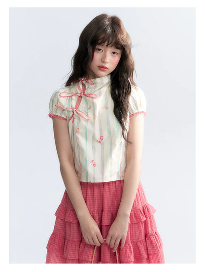 "Peach Blossom" Beige Floral Print Mandarin Collar Blouse