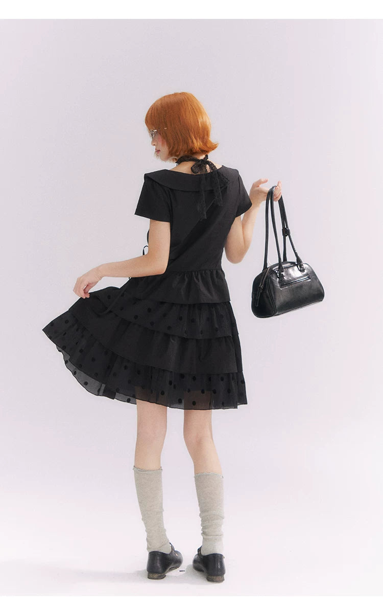 “Midnight Sweetheart” Black Korean-Style Bow Polka Dot Tiered Dress