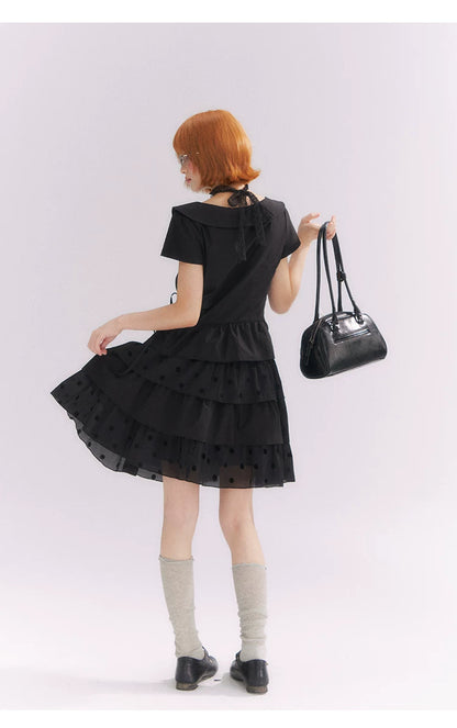 “Midnight Sweetheart” Black Korean-Style Bow Polka Dot Tiered Dress