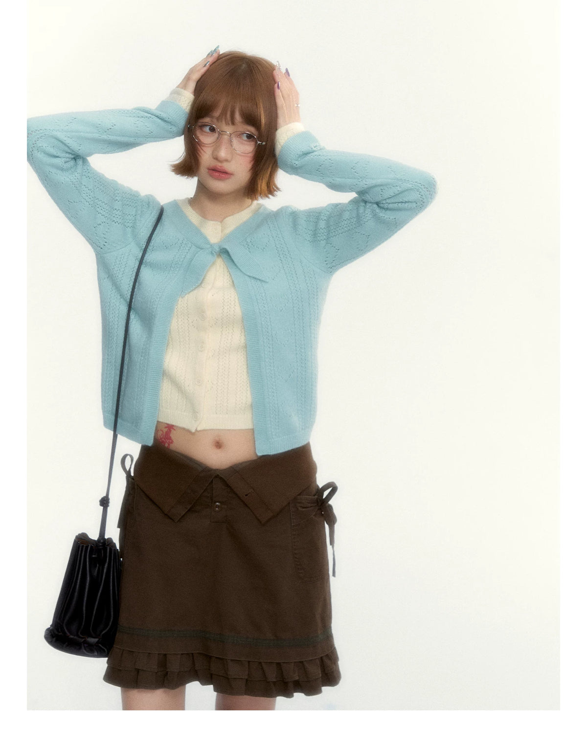 Korean Contrast Bow-Tie Layered Knit Cardigan (Blue / Purple)