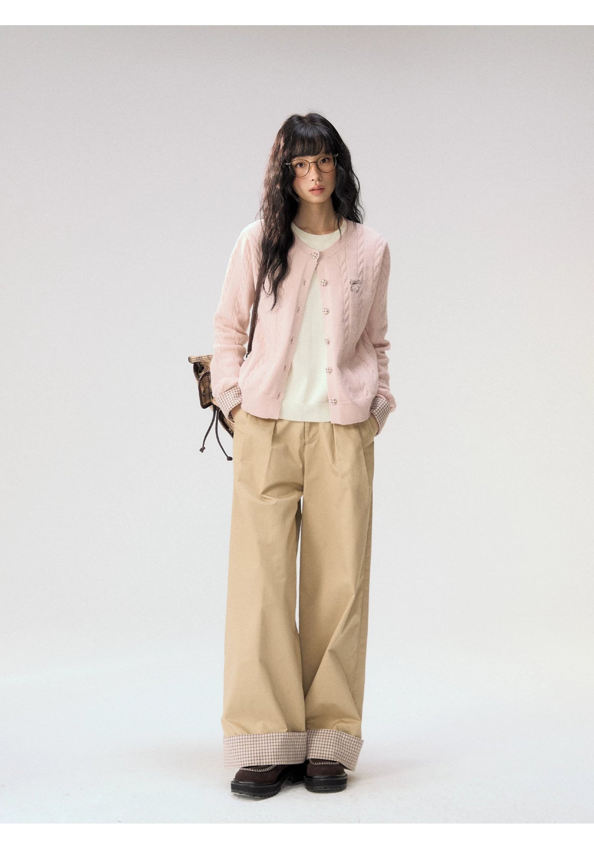 [CAN] "Autumn Letter" Bow Embroidered Faux-Layered Cable Knit Cardigan (Pink & White / Sage Green & Brown)