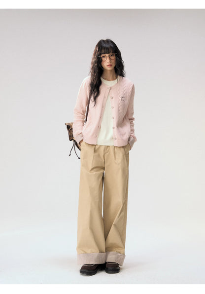 [CAN] "Autumn Letter" Bow Embroidered Faux-Layered Cable Knit Cardigan (Pink & White / Sage Green & Brown)