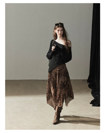 AOMALM - “Cocoa Leopard” Pleated Asymmetric Midi Skirt