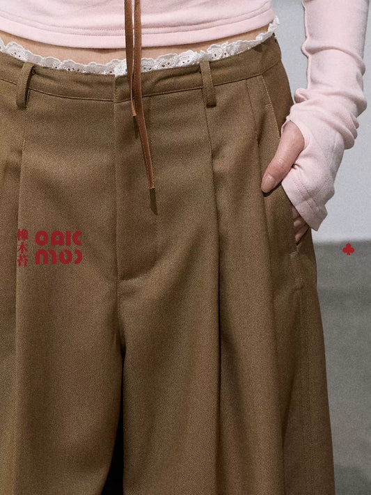 OAKMOO - "Afternoon on the Farm" Cutwork-Trim Relaxed Trousers – Light Brown Tea 25Q427