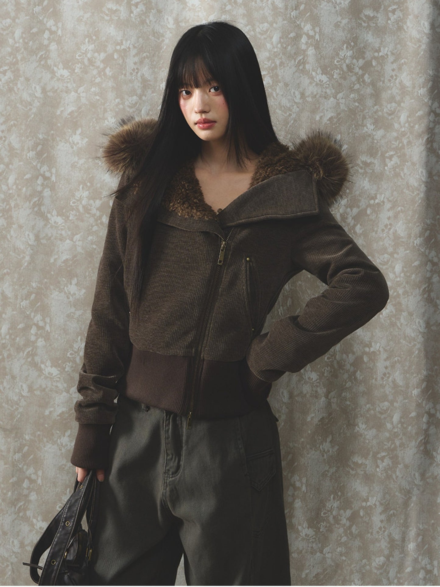Soote Season - Deep Brown Chenille Faux-Fur Hooded Cropped Jacket