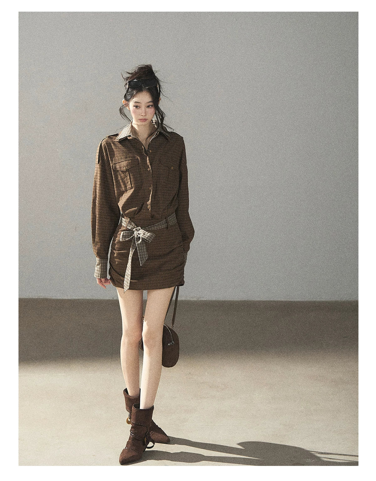 AOMALM - "A Promise Beneath the Oak" Crabapple Brown Plaid Shirt Dress with Belt
