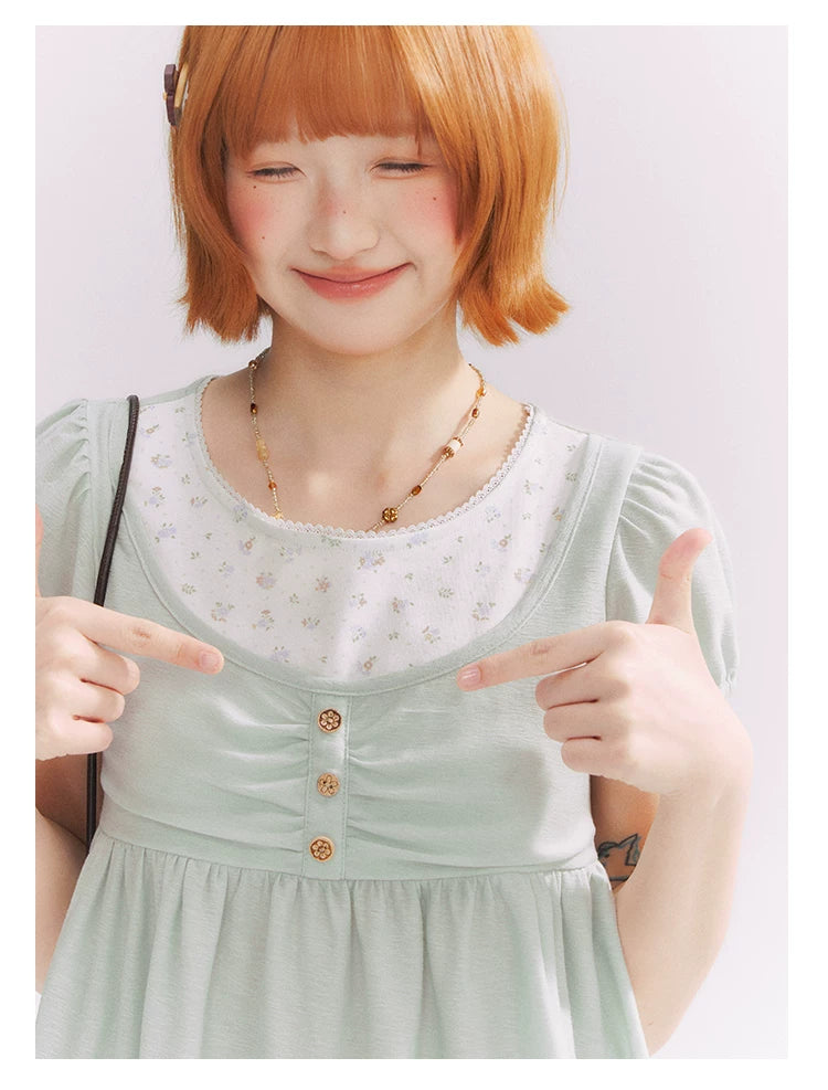 “Vintage Layered Charm” Mint Green Floral Layered Puff Sleeve T-Shirt
