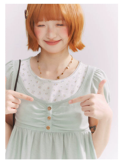 “Vintage Layered Charm” Mint Green Floral Layered Puff Sleeve T-Shirt