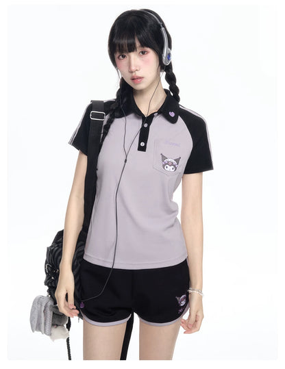 170726K "Midnight Track" Black & Purple Polo Athletic Set (Polo Athletic Top + Athletic Shorts)