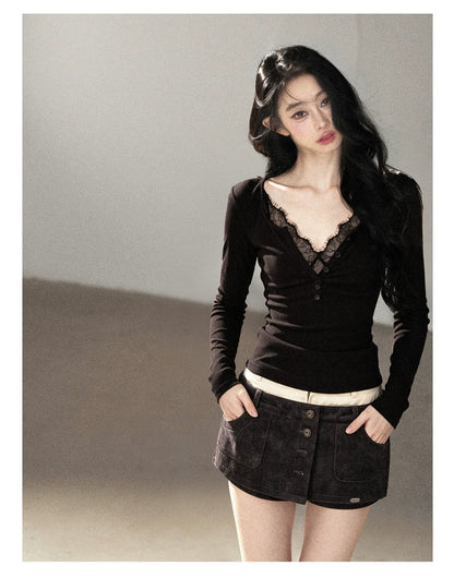 AOMALM - Black Faux Two-Piece V-Neck Lace Long-Sleeve Top