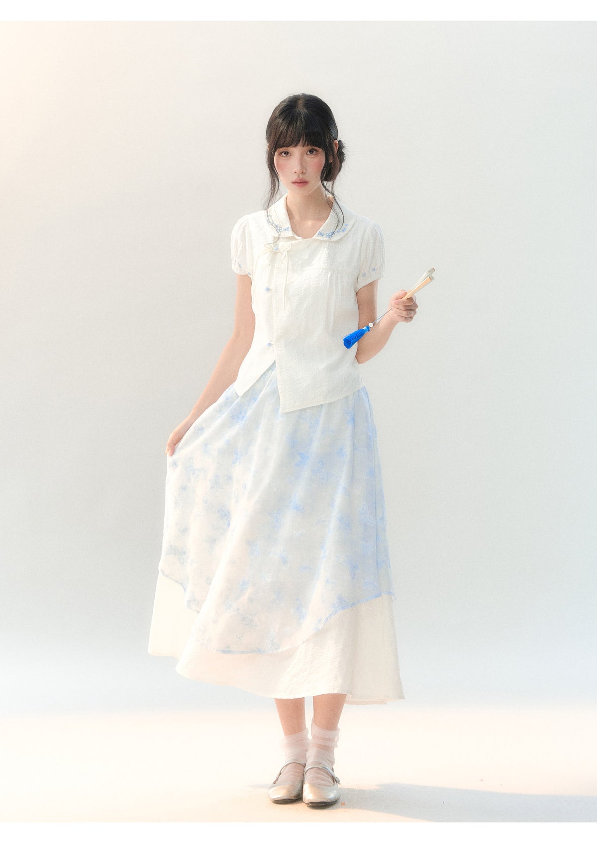 [CAN] "Butterfly Whispers" Embroidered Puff Sleeve Skirt Set