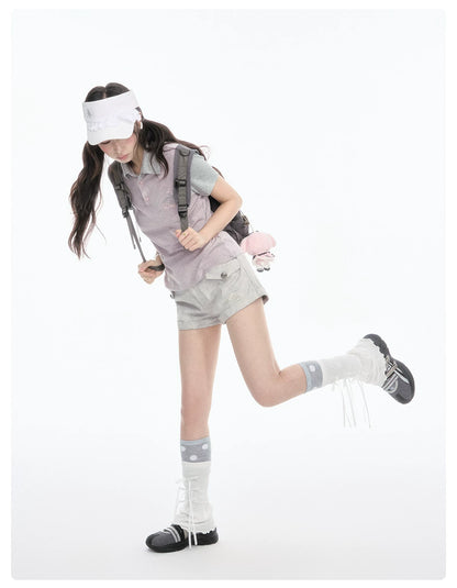 Contrast Stripe Light Gray Pink Polo Collar Short Sleeve Top / Shorts