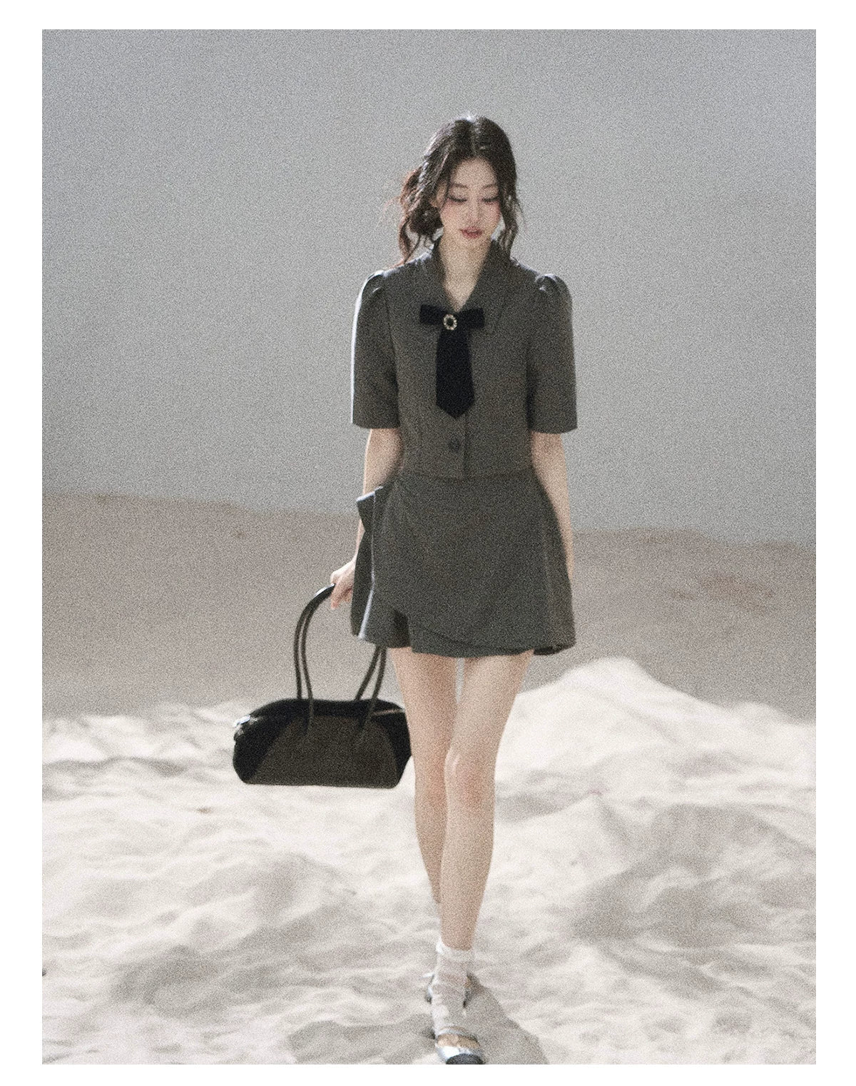 "Paris Afternoon" Slate Gray Bow Top & A-Line Mini Skirt Two-Piece Set