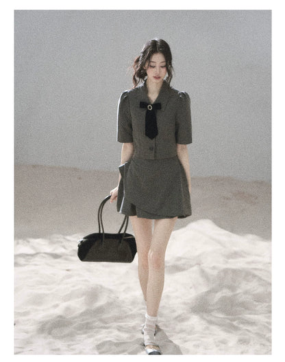 "Paris Afternoon" Slate Gray Bow Top & A-Line Mini Skirt Two-Piece Set