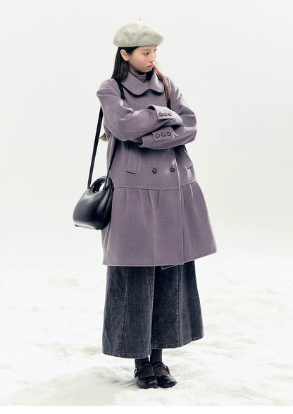 "Winter Chime" Double-Breasted Quilted Wool-Blend Coat (Smoky Purple/ Ash Gray)