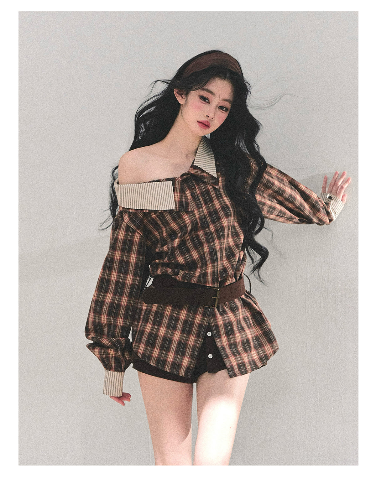 少也眼 “The Street She Passed” Off-Shoulder Plaid Shirt with Belt - Mocha Brown 45368364