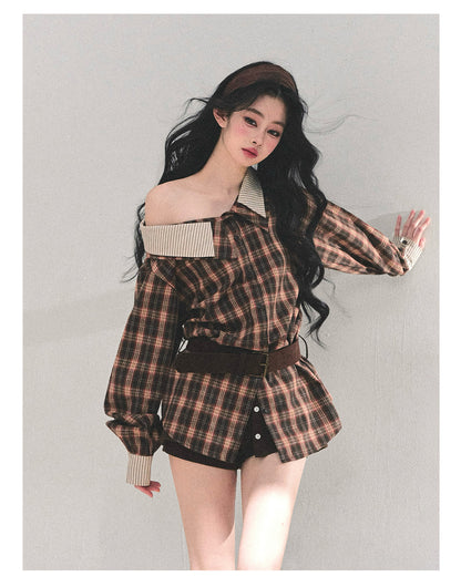 少也眼 “The Street She Passed” Off-Shoulder Plaid Shirt with Belt - Mocha Brown 45368364