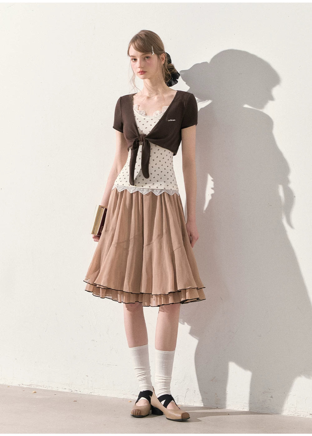 "Summer Café Encounter" Chocolate Knit Cardigan, Floral Lace Cami & Mocha Chiffon Skirt Set