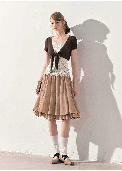 "Summer Café Encounter" Chocolate Knit Cardigan, Floral Lace Cami & Mocha Chiffon Skirt Set