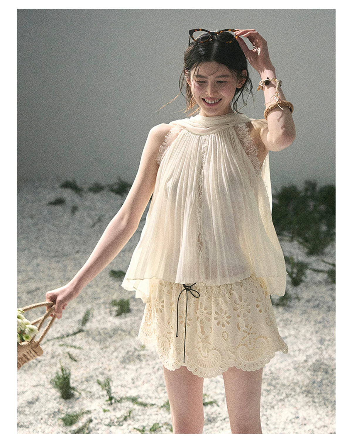 “Summer Light Through Pleats” Ivory Lace Pleated Halter Blouse