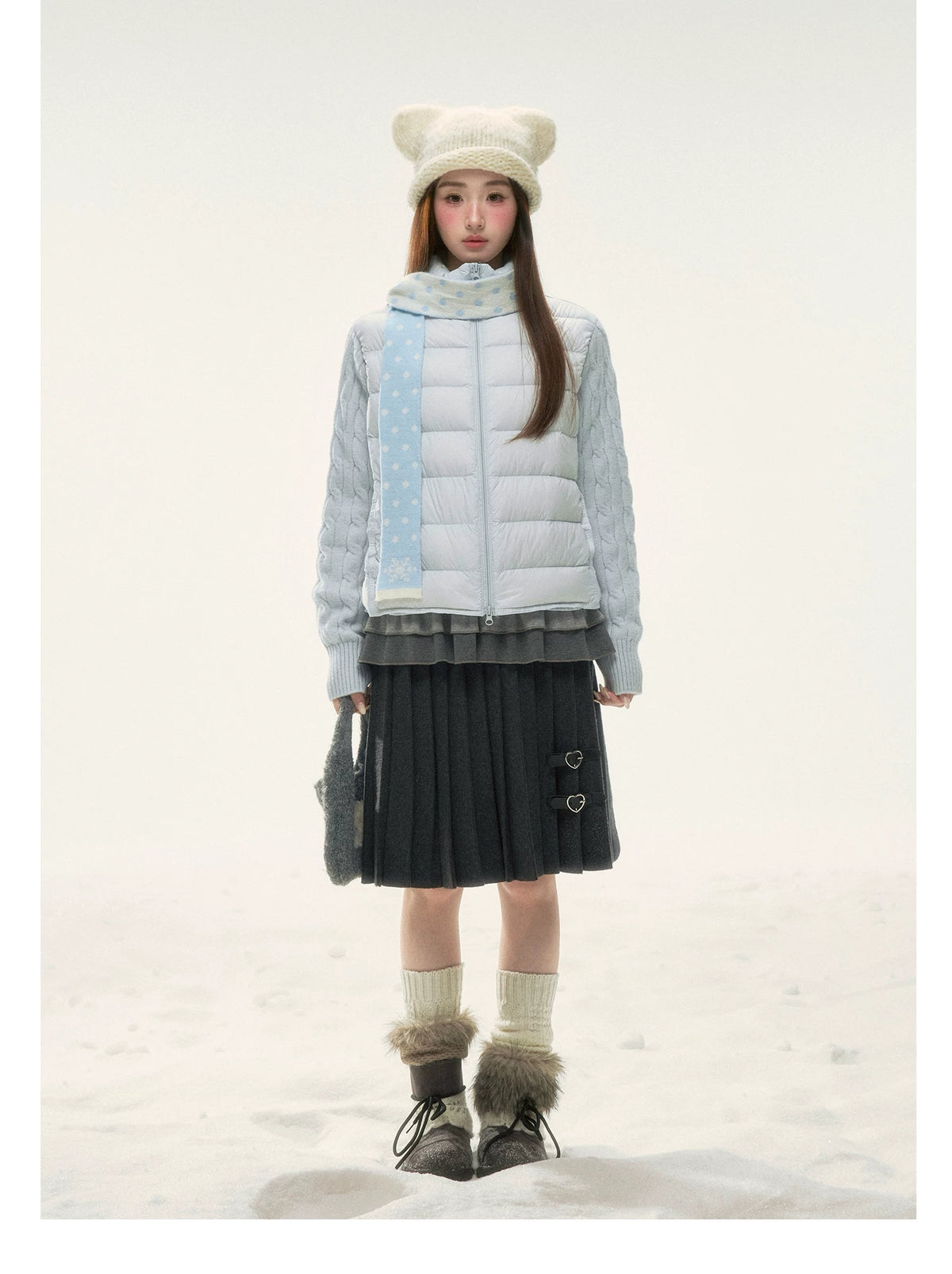 BIBIBENCY - Pale Blue Knit-Panel 90% White Duck Down Puffer Jacket (With Scarf)