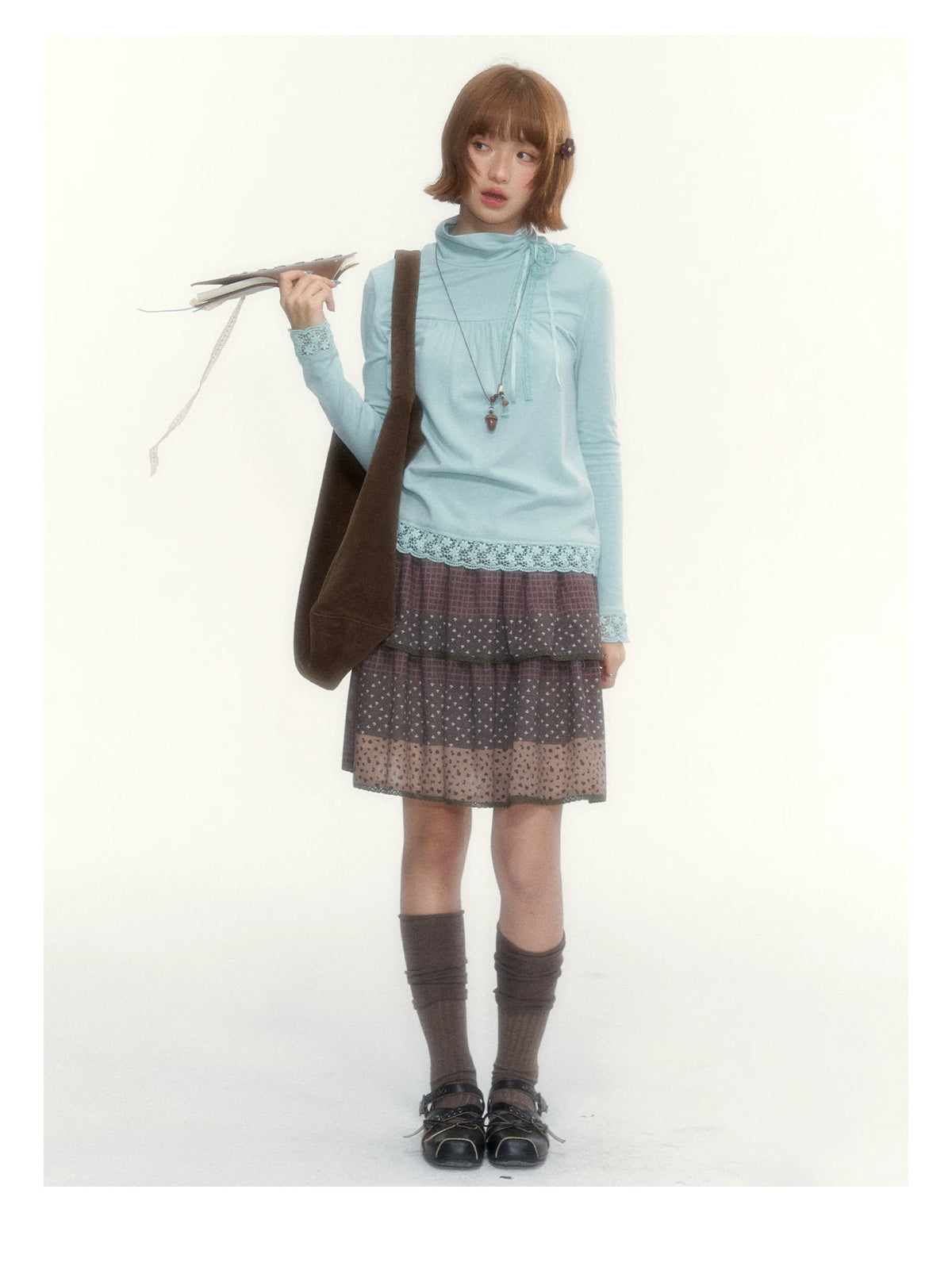 “Caramel Patchwork” Brown Patchwork Floral Plaid Lace A-Line Tiered Skirt