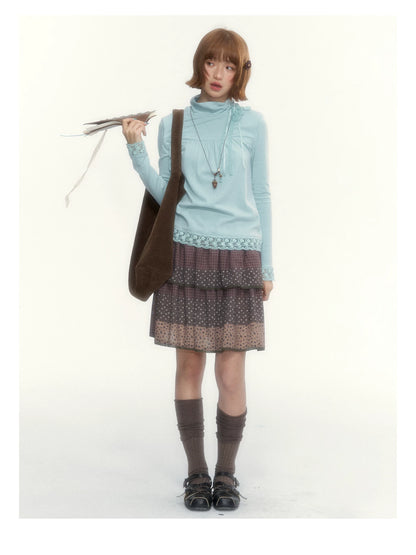 “Caramel Patchwork” Brown Patchwork Floral Plaid Lace A-Line Tiered Skirt