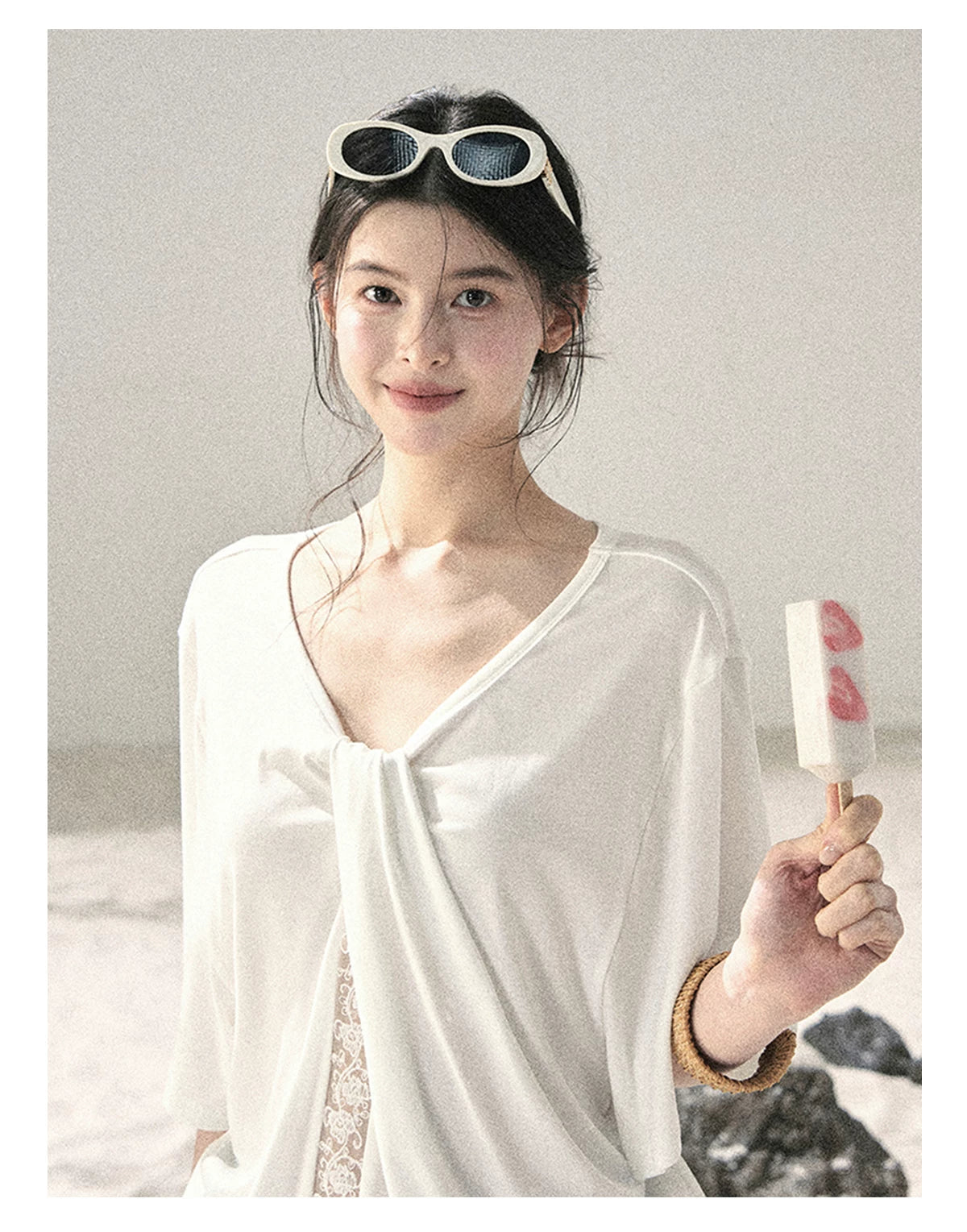 "Undisturbed Mist" Cloud White Lace Cutout V-Neck T-Shirt 45638453