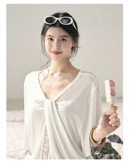 "Undisturbed Mist" Cloud White Lace Cutout V-Neck T-Shirt 45638453