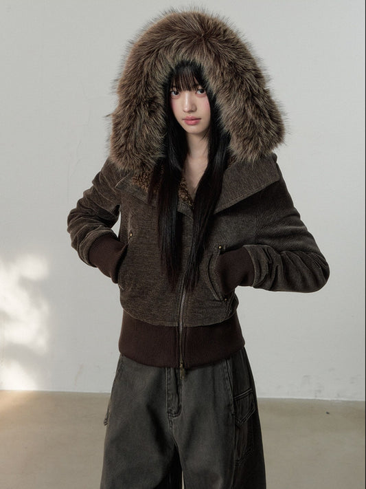 Soote Season - Deep Brown Chenille Faux-Fur Hooded Cropped Jacket