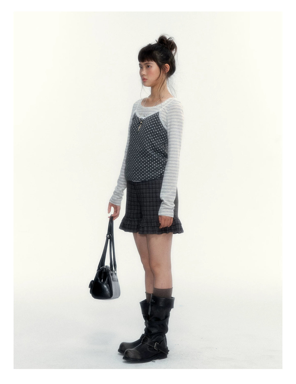 “Heart Dot” Charcoal Polka Dot Lace Trim Fitted Knit Cami