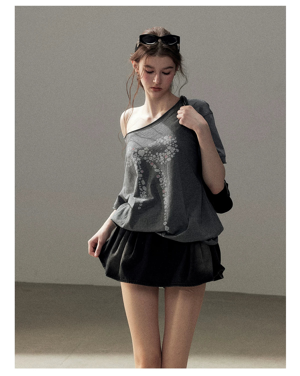 "Muted Shades of Gray" Silver Mouse Gray Off-Shoulder Tee