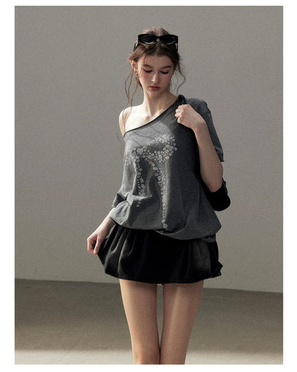 "Muted Shades of Gray" Silver Mouse Gray Off-Shoulder Tee