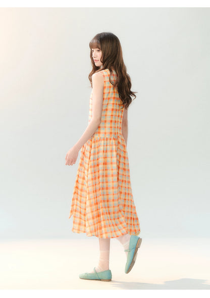 "Orange Sugar Cube" Tangerine Plaid Tie-Waist Sleeveless Dress SH2026201