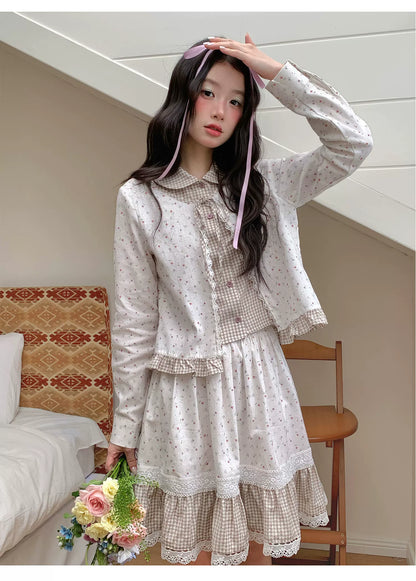 [RF] “Meadow Tea Party” Ivory & Light Brown Plaid Layered Blouse & Skirt Set