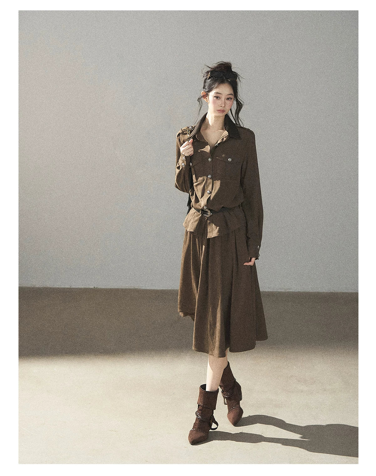 AOMALM - Terracotta Brown Shirt & Pleated Mini Skirt Set (With Belt)