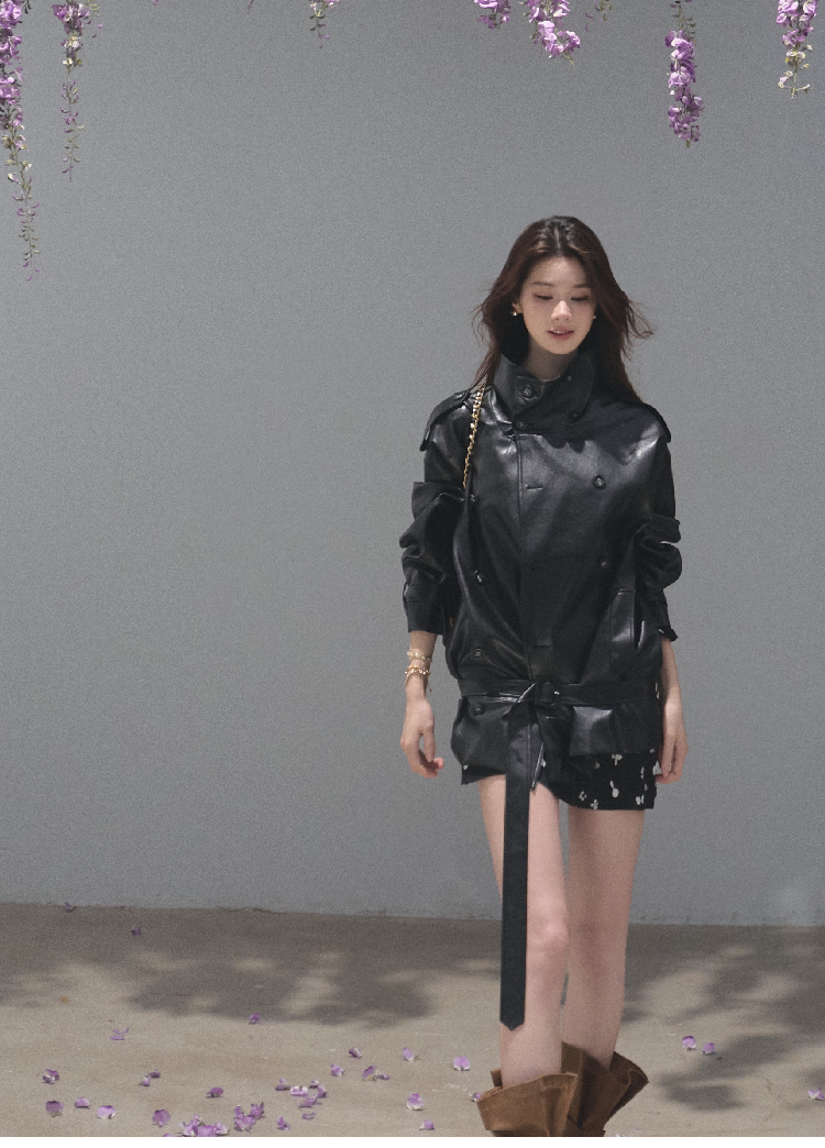 OAKMOO/ Belted Double-Breasted Trench Jacket (Deep Black / Hazel Khaki)