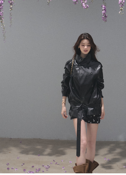 OAKMOO/ Belted Double-Breasted Trench Jacket (Deep Black / Hazel Khaki)