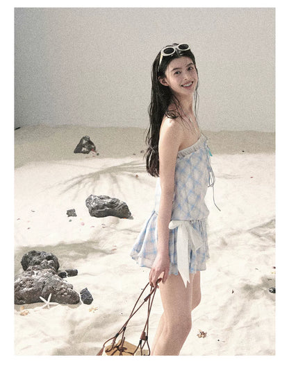 "Breeze Upon the Waves" Ice Crystal Blue Off-Shoulder Diamond Quilted Mini Dress