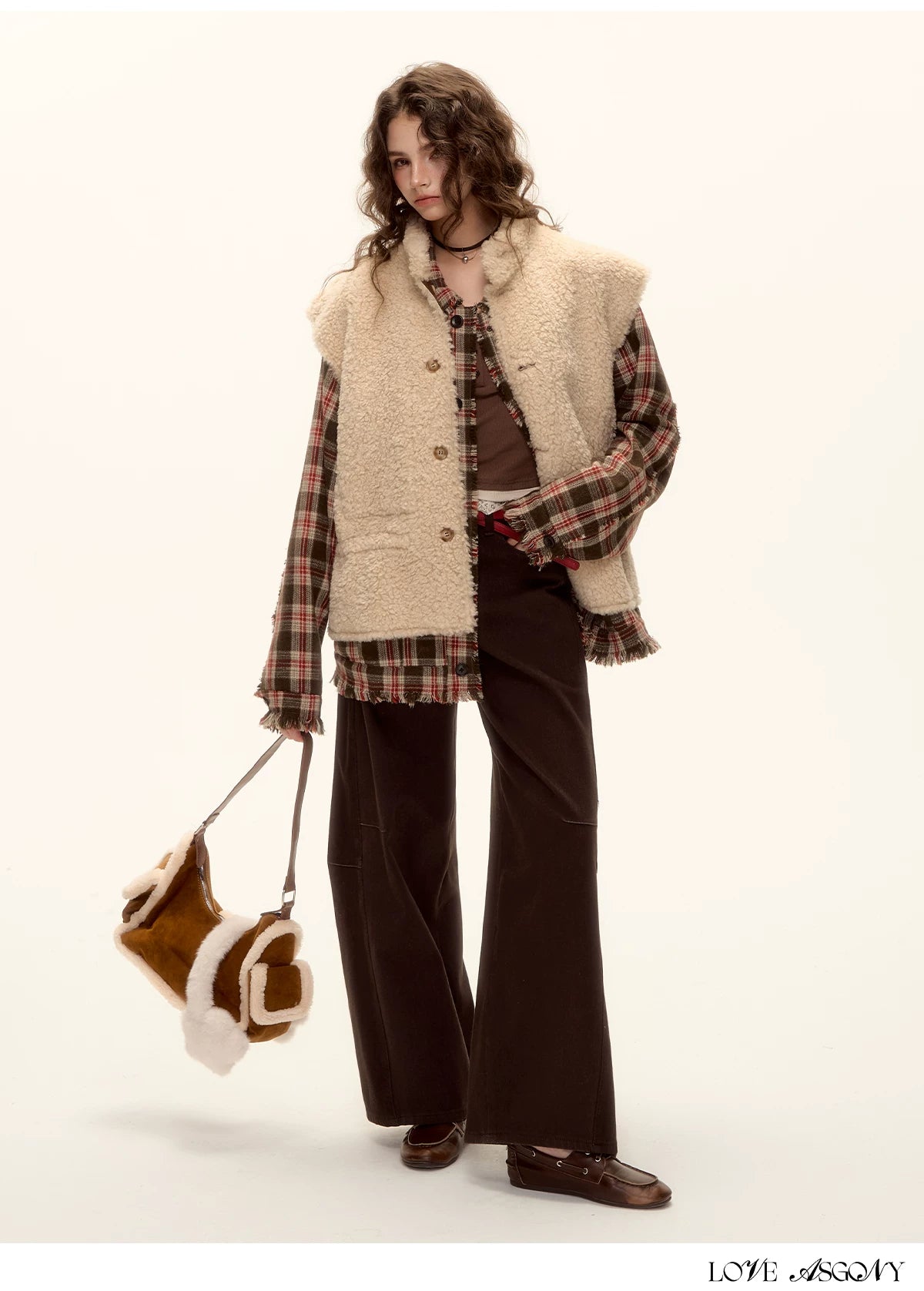 ASGONY - Brown Reversible Suede Faux Shearling Drawstring Vest