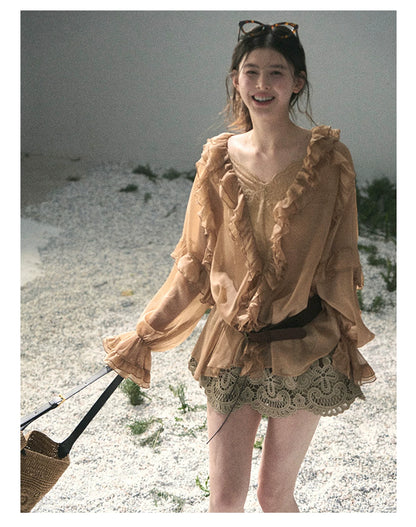 “Whispers of the Wind” Ash Caramel Lace Chiffon Blouse (With Belt)