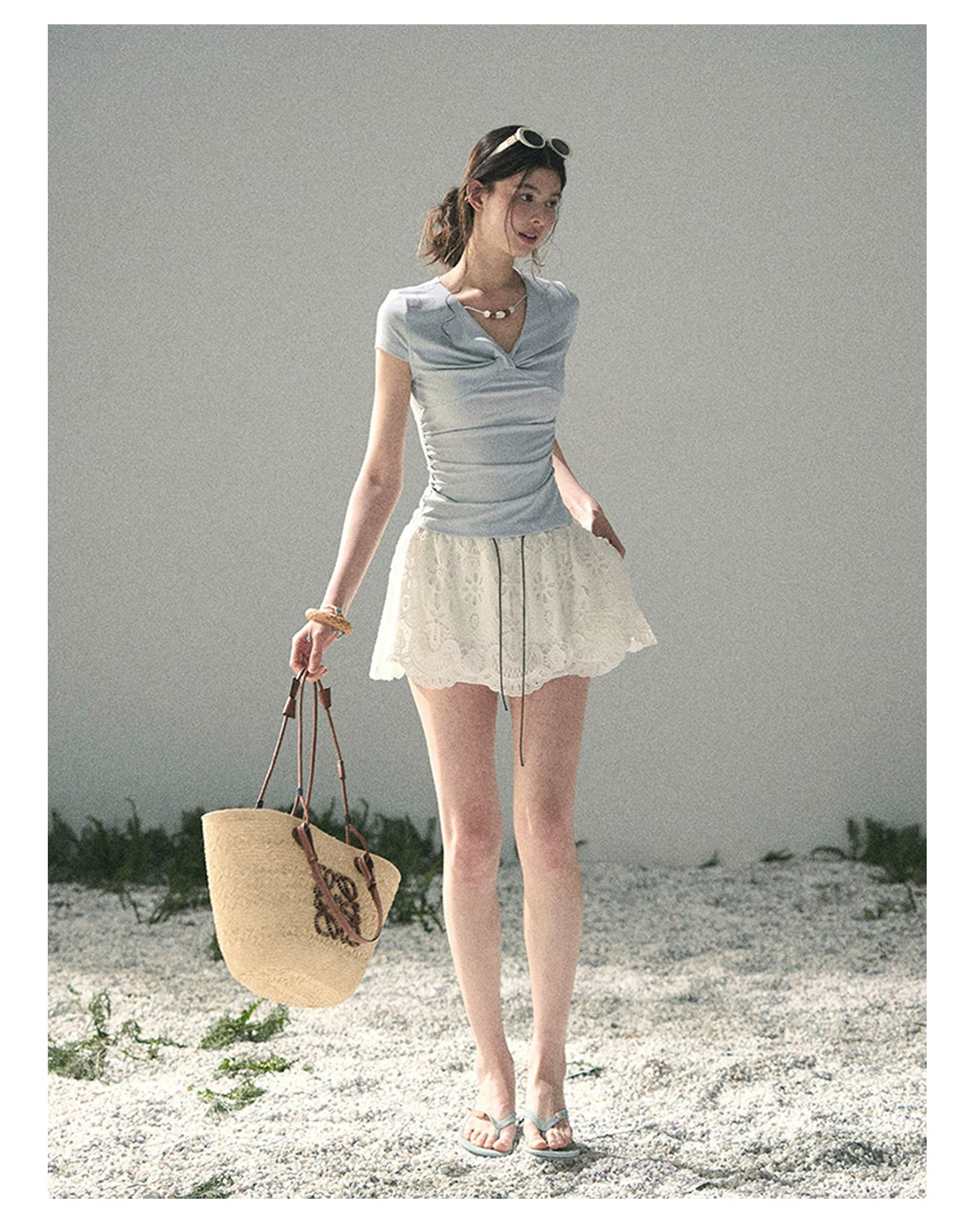 “Sheer Spring Whisper” Moonlight Blue Twist V-Neck Top