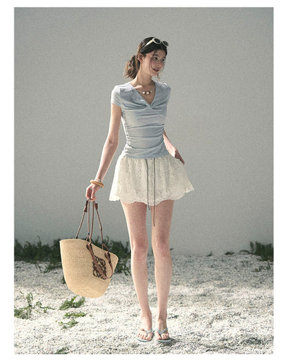 “Sheer Spring Whisper” Moonlight Blue Twist V-Neck Top
