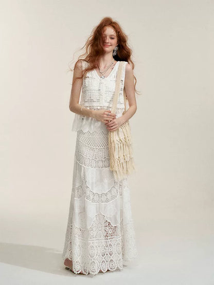 White Floral Embroidery Crochet-Detail Blouse